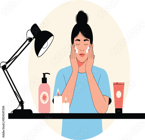 Young Woman Applying Face Cream or Skincare Product while Relaxing in Cozy Home Environment with Candles and Beauty Supplies Vector