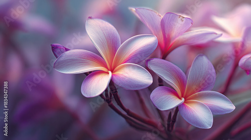 Close-up of vibrant plumeria flowers, with a soft, dreamy aesthetic. The delicate petals showcase a range of colors, creating a visually stunning display