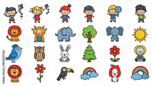 Collection of cute cartoon children animals trees flowers and rainbows for educational purposes