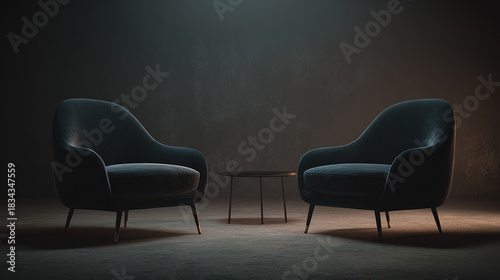 Two elegant armchairs facing each other with a small table