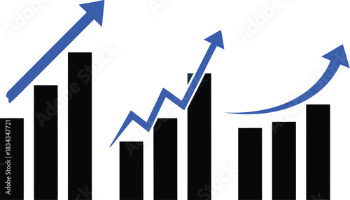 Three bar graphs with upward trending arrows illustrating growth and success