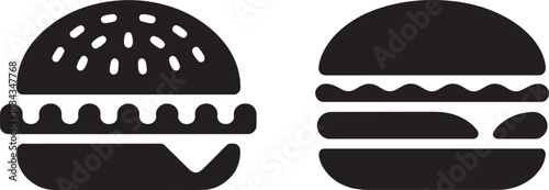 Two Stylized Burger Icons in Black Silhouette on White Background Keywords: burger, hamburger, food
