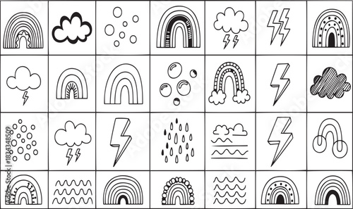 Hand drawn weather elements doodle set in black and white