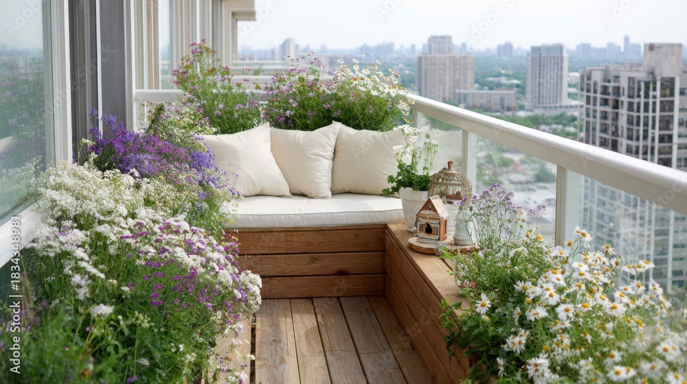 Obraz premium Urban balcony oasis with lush flowers and city view