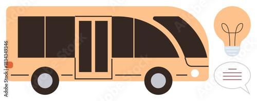 Side view of a contemporary bus with a light bulb and speech bubble indicating innovation and communication. Ideal for transportation, connectivity, innovation, technology, mobility, sustainability