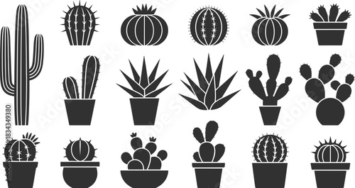 Cactus and succulent silhouettes, black vector icons, potted plants, desert flora, stylized botanical shapes, cartoon illustration, decorative design