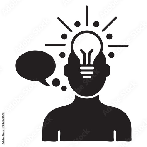 Silhouette of a person with a lightbulb and speech bubble