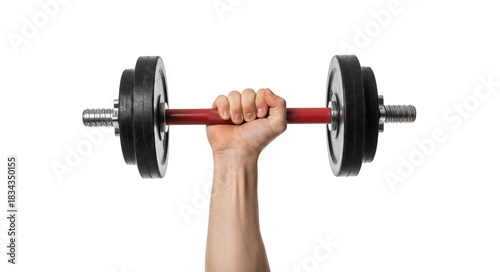 Strong arm gripping a red and steel weightlifting dumbbell against a deep, contrasting void