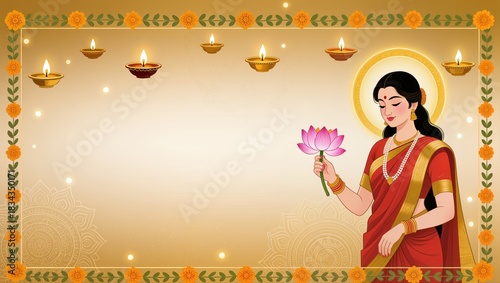 Hindu goddess holding a flower with diya lamps around