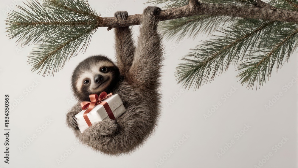 Obraz premium Cute Sloth Hanging on a Branch with a Christmas Gift.