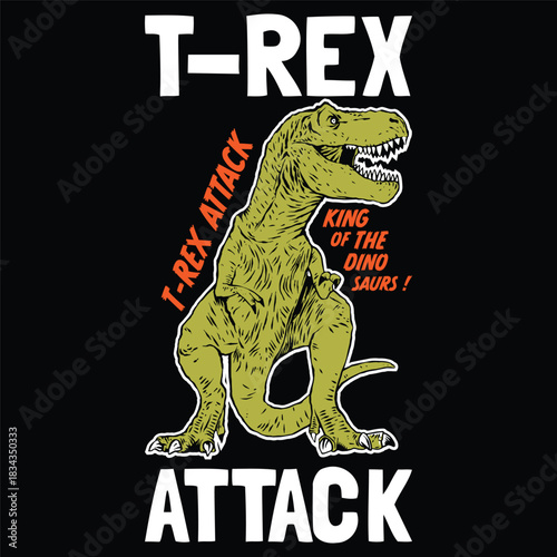 T-rex attack cartoon design with roaring dinosaur illustration for fun kids graphic t-shirt