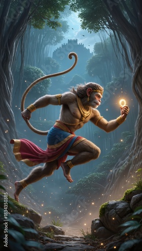 Monkey hero runs through the forest holding a light