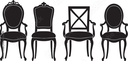 Elegant antique chair set for sophisticated interiors, classic furniture designs for luxury homes and upscale restaurants, vector style furnishings silhouette a white backgraound