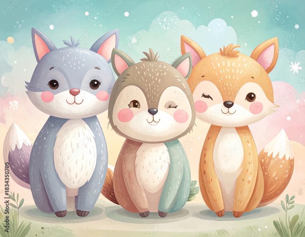 Obraz premium Cute whimsical children’s illustration of friendly animal characters, soft shapes, pastel colors, gentle outlines, playful and heartwarming mood, perfect for kids books, prints, and educational materi