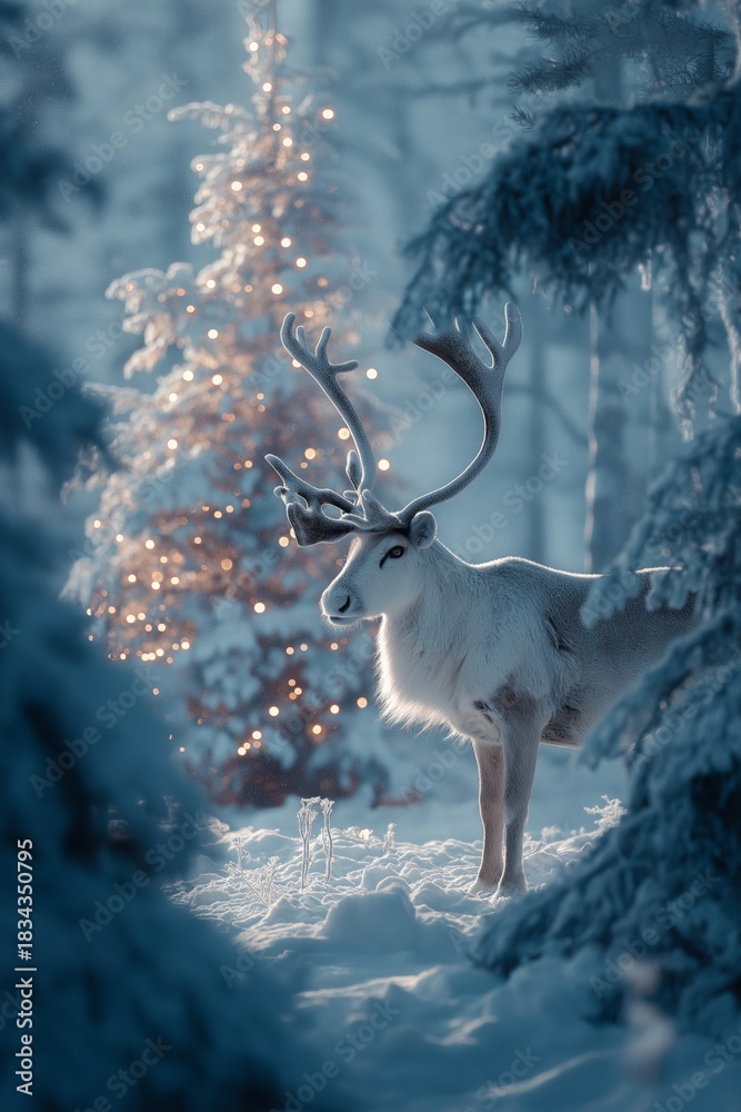Naklejka premium Reindeer standing in snowy forest with magical Christmas lights. Reindeer standing in deep snow, illuminated by magical Christmas lights in a winter forest