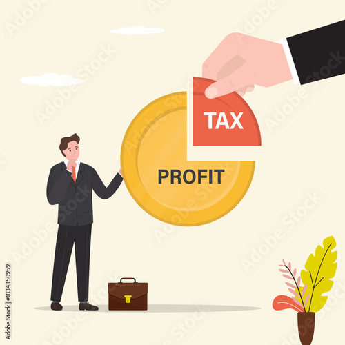 Giant hand of government takes taxes from businessman. Unhappy male employee with tax burden. Debt to pay for income tax, financial charge and duty to pay for government,