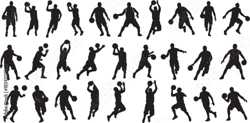 basketball player vector silhouette icon set showing dynamic sports action poses in clean minimal black illustration style set of basketball player silhouettes