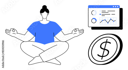 Financial planning, mindfulness, data visualization, financial growth, work-life balance, income management. Person meditating alongside analytics chart and currency icon. Mindfulness and financial