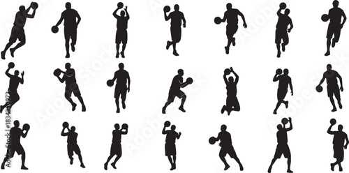 basketball player vector silhouette icon set showing dynamic sports action poses in clean minimal black illustration style set of basketball players silhouettes 