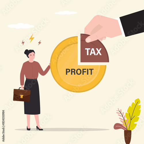 Hand of government takes taxes from business woman. Unhappy female employee with tax burden. Debt to pay for income tax, financial charge and duty to pay for government