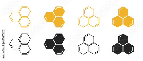 Bee Honeycomb Hexagon Icon Set on Transparent Background – Geometric Insect Hive Symbols for Nature and Technology Design