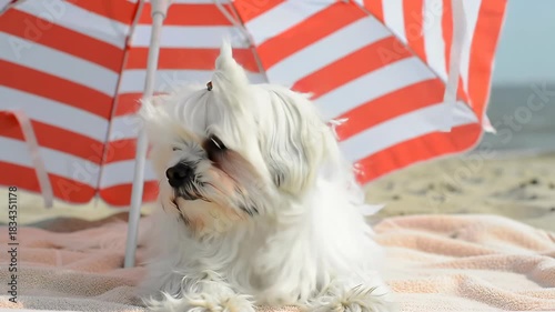 Cute Maltese dog rests on beach towel under striped sun umbrella, dog days.