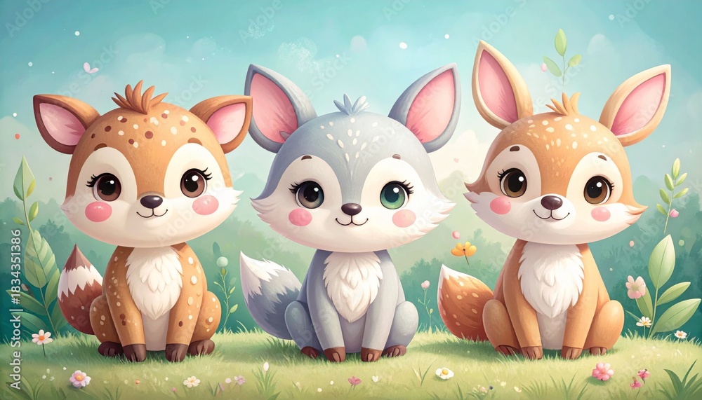 Obraz premium Cute whimsical children’s illustration of friendly animal characters, soft shapes, pastel colors, gentle outlines, playful and heartwarming mood, perfect for kids books, prints, and educational materi