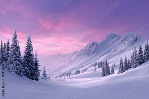 Serene Winter Landscape: Majestic snow-covered mountains stretch towards a vibrant, pastel sky, while evergreens stand sentinel in the tranquil valley below. A symphony of quiet beauty and the crisp.