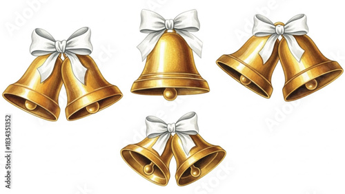 Watercolor Gold Christmas Bells Set with White Bows Illustration
