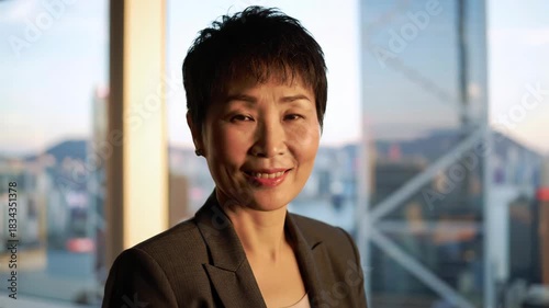 Portrait of a smiling Asian woman in business suit in a modern office with city view, professional success, leadership, and confident businesswoman.