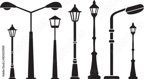 Set of street lamp silhouettes in a simple vintage style