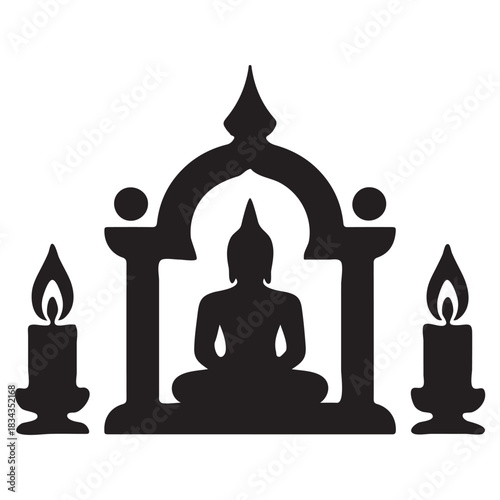 Buddha Statue in Shrine with Candles Silhouette altar