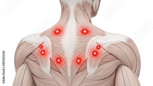 Human anatomy illustration showing trigger points in the upper back and neck muscles