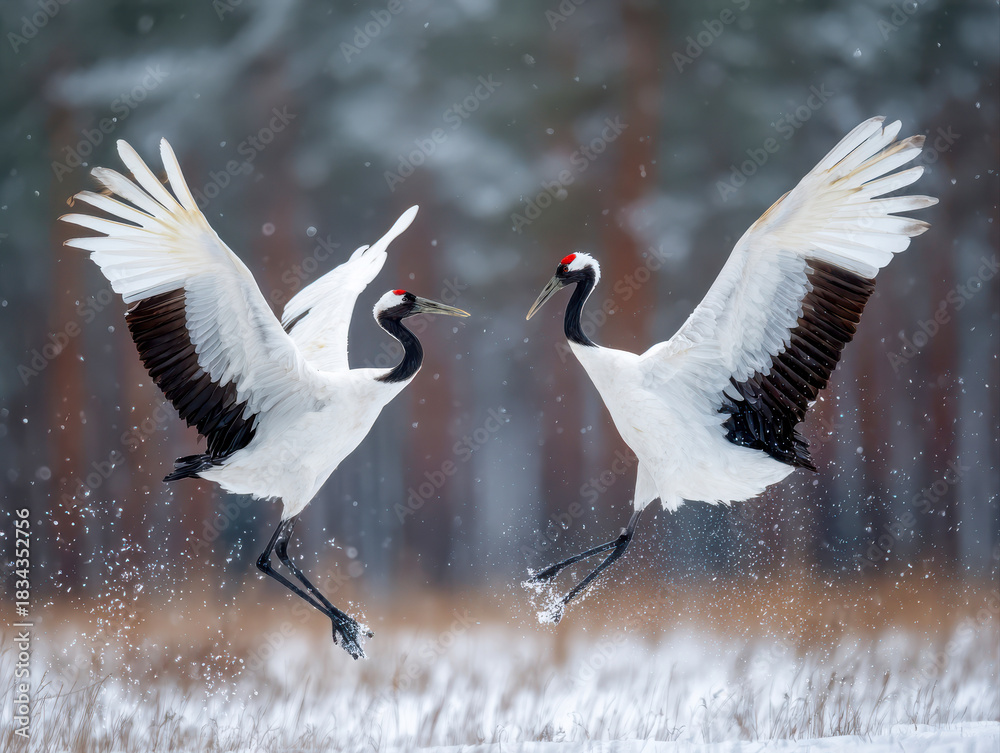 Fototapeta premium Red crowned cranes fight