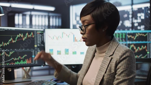 Focused Black woman working with stock charts and financial data on computer screen, analyzing business trends in modern office.