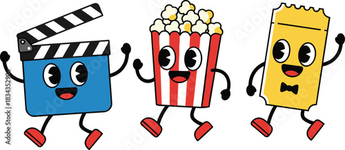 Cartoon movie icons dancing, clapperboard, popcorn, ticket characters, cinema fun, entertainment concept, joyful pose, flat vector illustration