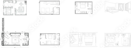Architectural Floor Plans of Various Apartment and Hotel Room Designs