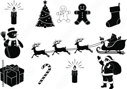 A diverse set of Christmas holiday icons in black silhouette, showing Santa, a tree, a gift, and reindeer for festive designs