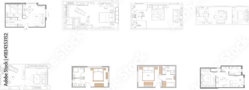 Architectural Floor Plans of Studio Apartments and Hotel Rooms