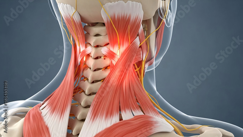 Close up of human neck muscles and spine with pain highlighted