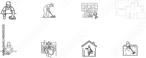 Icons of People Performing Cleaning and Maintenance Tasks