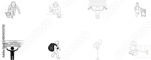 Diverse Cleaning and Janitorial Tasks Stick Figure Set