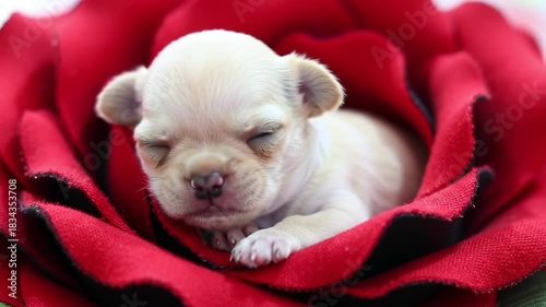 Cute beige Chihuahua puppy sleeping nestled in the folds of a red rose blossom, tiny dog, adorable animal, newborn puppy, sleeping dog.