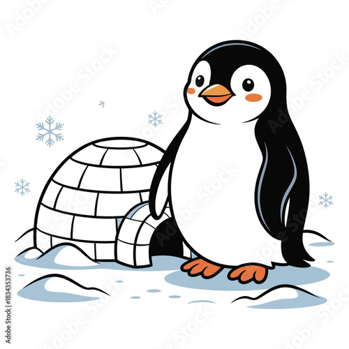 Adorable cartoon penguin stands next to a charming igloo on a snowy landscape with snowflakes falling gently