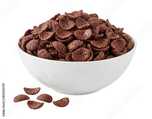 Heap of cocoa-flavored breakfast cereal in a white serving bowl