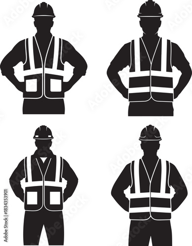 Four construction worker silhouettes wearing hard hats and high visibility vests silhouette