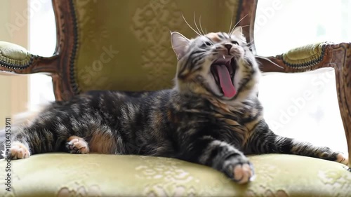 Relaxed tabby cat lounging on a vintage green chair indoors near a window, basking in the natural light and enjoying a peaceful moment of domestic bliss.
