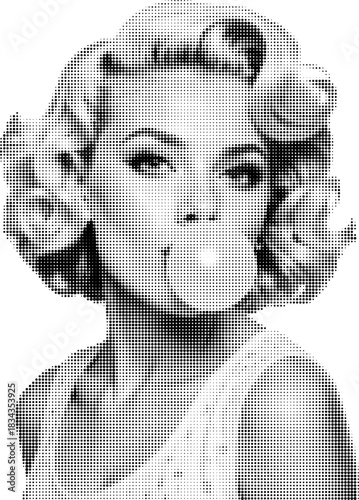 Large retro style vector halftone illustration of a female blowing bubble gum isolated on a transparent background