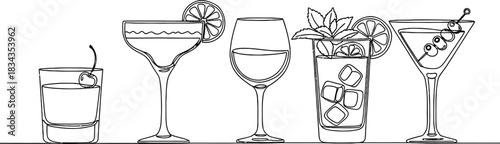 Collection of five alcoholic and non-alcoholic mixed drinks with garnishes served in various glassware, artfully rendered in a minimalist sketch style for beverage or party themes
