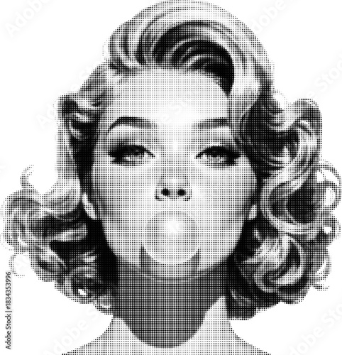 Large retro style vector halftone illustration of a female blowing bubble gum isolated on a transparent background